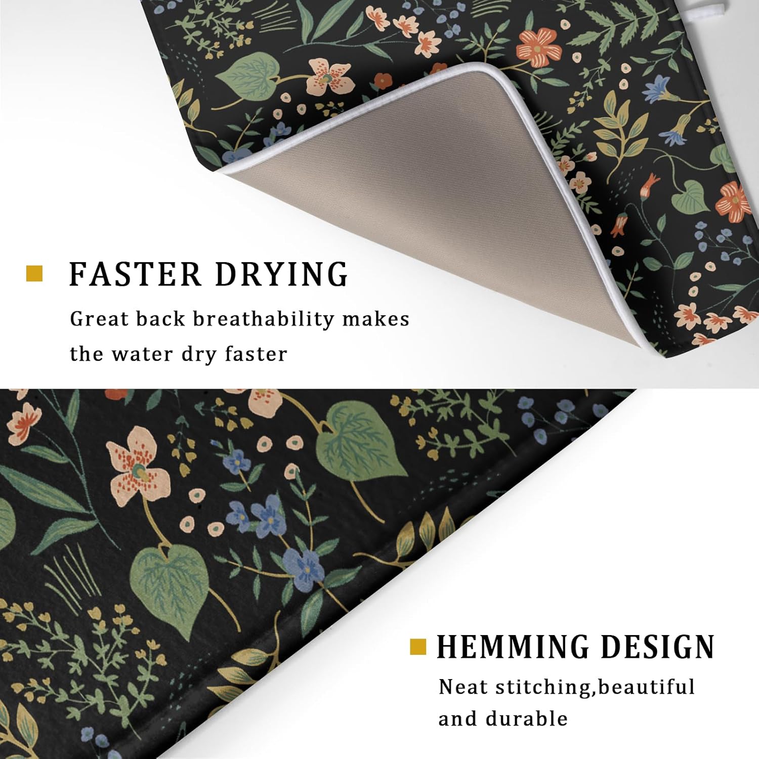 Tapete de secado de platos de flores negras para encimera de cocina, 18 x 24 pulgadas, almohadilla de secado de microfibra reversible absorbente,