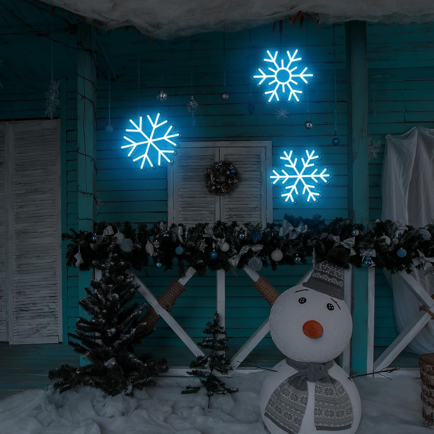 Treela Letrero de neón de copo de nieve de Navidad, letrero de neón azul hielo, luz de neón de Navidad, decoración de Navidad con USB, para colgar