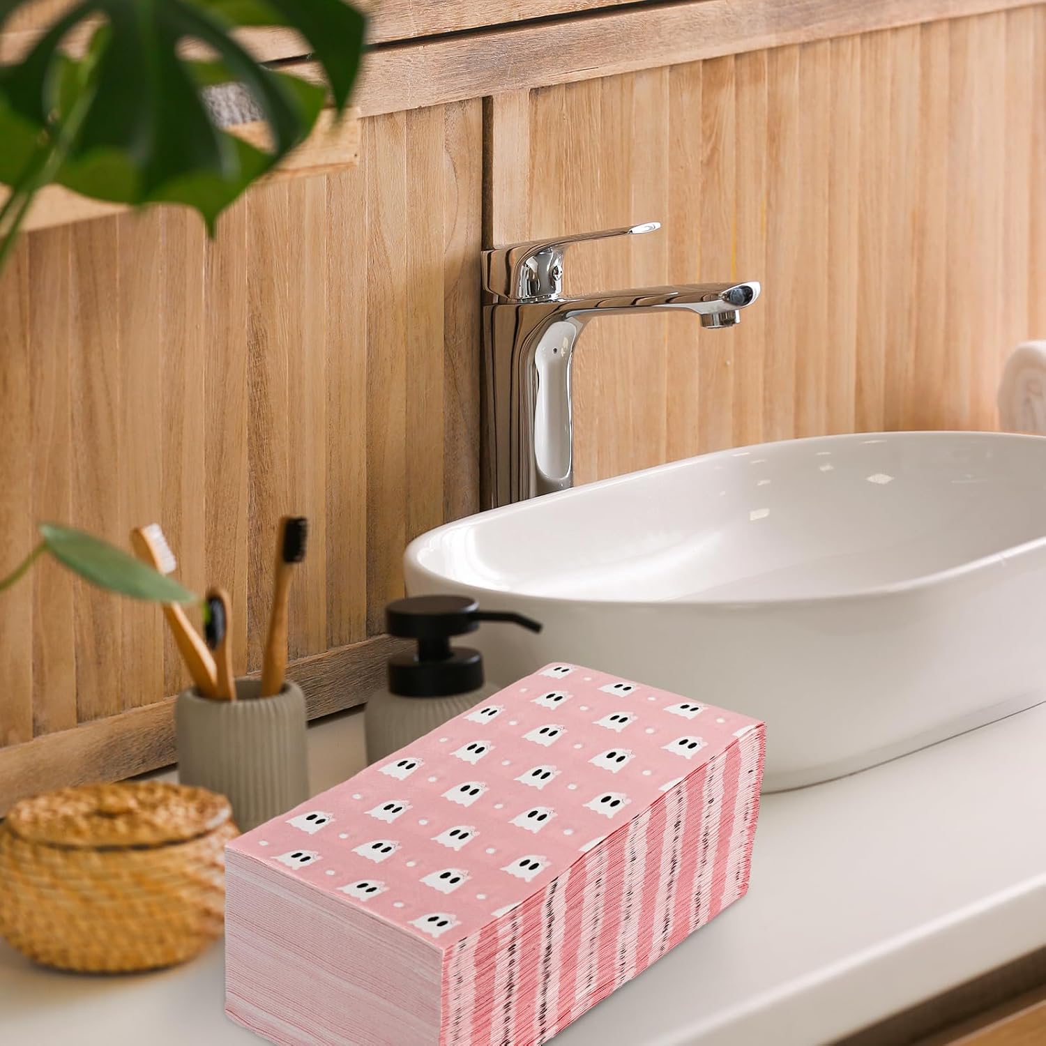 AnyDesign – 100 servilletas de papel para invitados de Halloween, lazo rosa, fantasma, desechable, toalla de mano para suministros de fiesta de