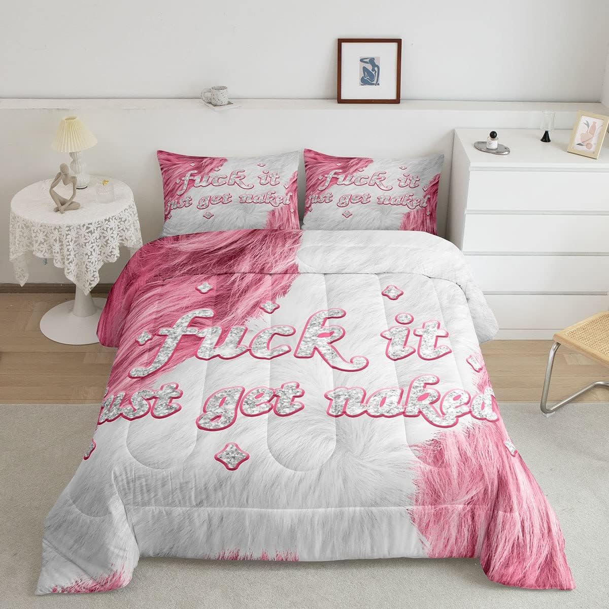 Feelyou Get Naked – Juego de ropa de cama para niños, juego de edredón de piel de vaca para niños, color rosa vaca, decoración con purpurina, juego