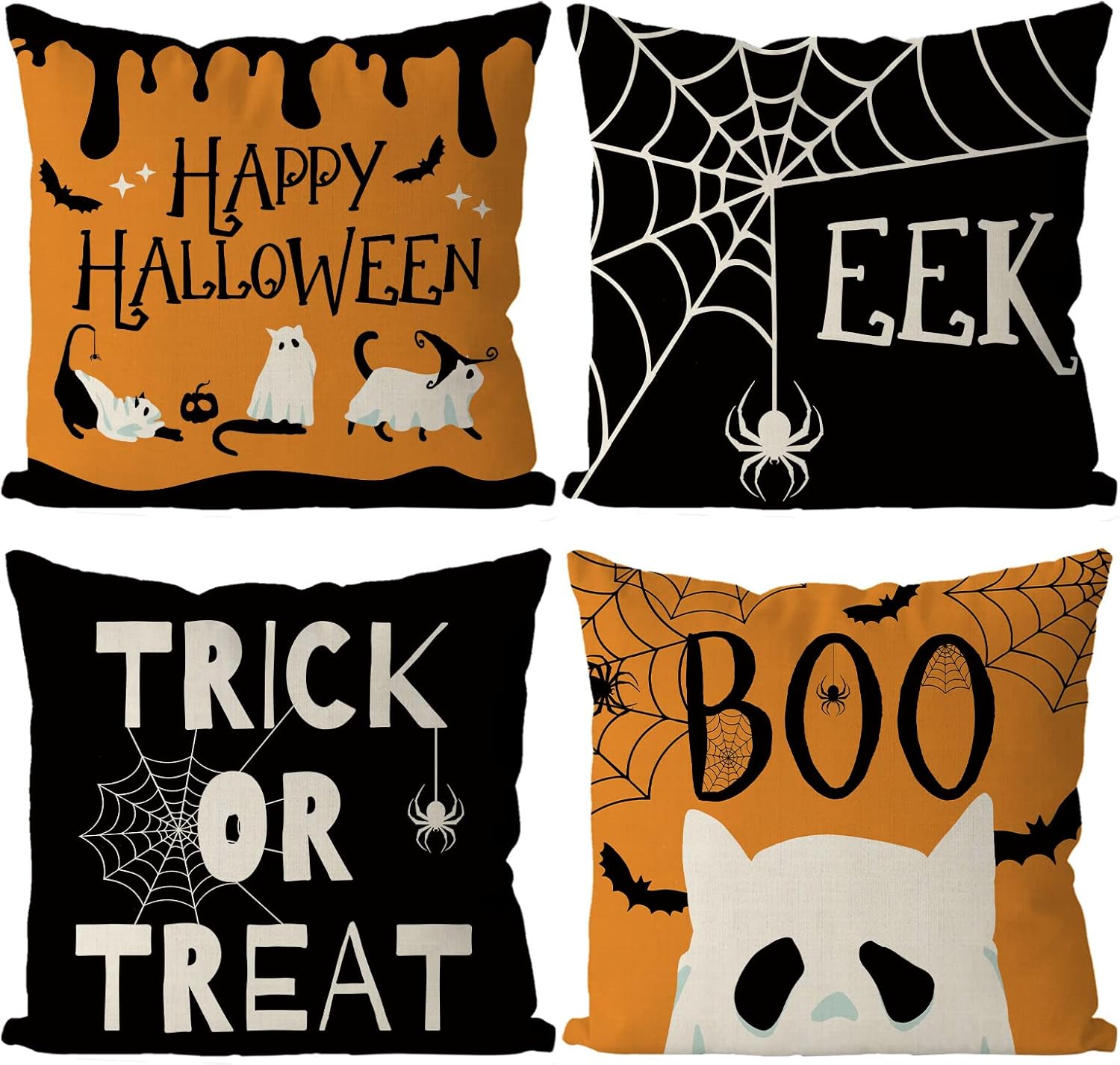 Juego de 4 fundas de almohada de Halloween de 20 x 20 pulgadas, fundas de almohada de Halloween, fantasma, gato, vacaciones, casa de campo, para