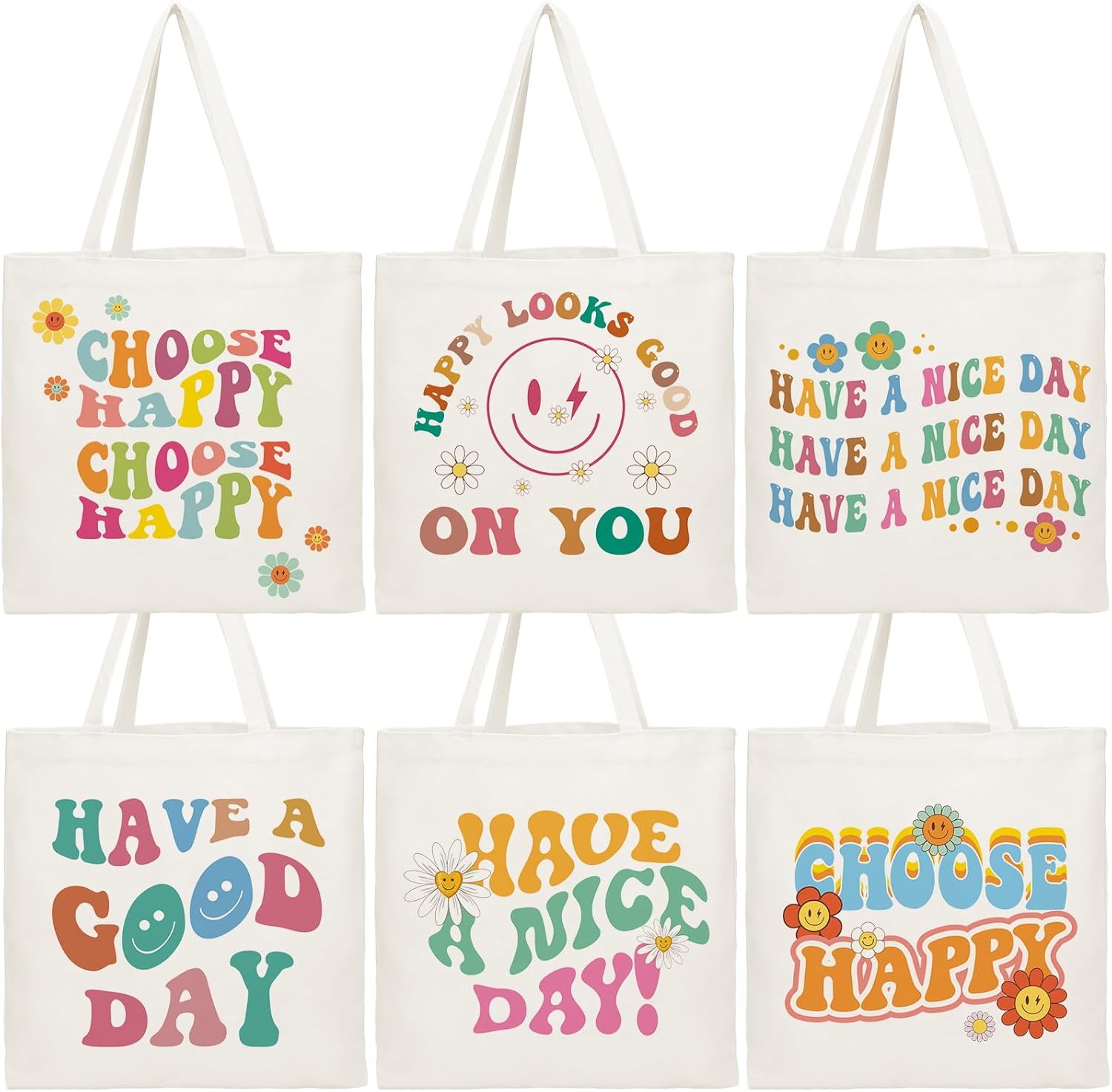 6 bolsas de lona estéticas para mujeres y niñas, bolsas de playa, reutilizables, bolsas de hombro para comestibles, regalos inspiradores, Blanco