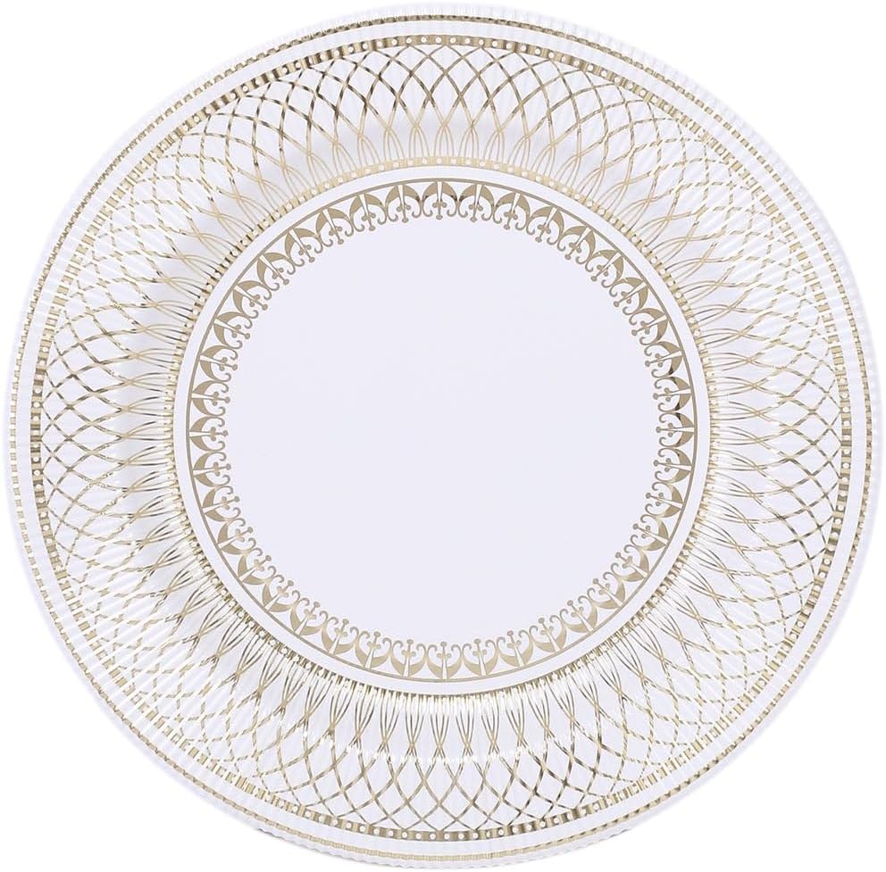 Efavormart – Paquete de 25 platos de papel de postre estilo vintage de porcelana dorada y blanca de 8 pulgadas, platos de fiesta desechables