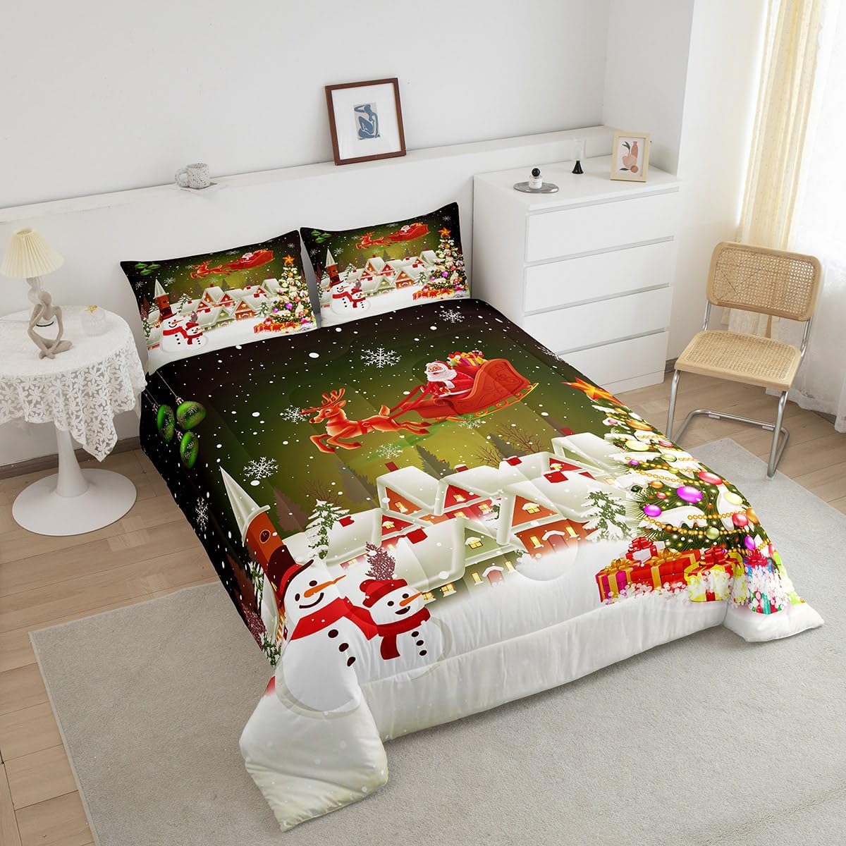 Manfei Juego de edredón de Navidad, tamaño King, juego de edredón de árbol de Navidad, muñeco de nieve con 2 fundas de almohada, juego de ropa de
