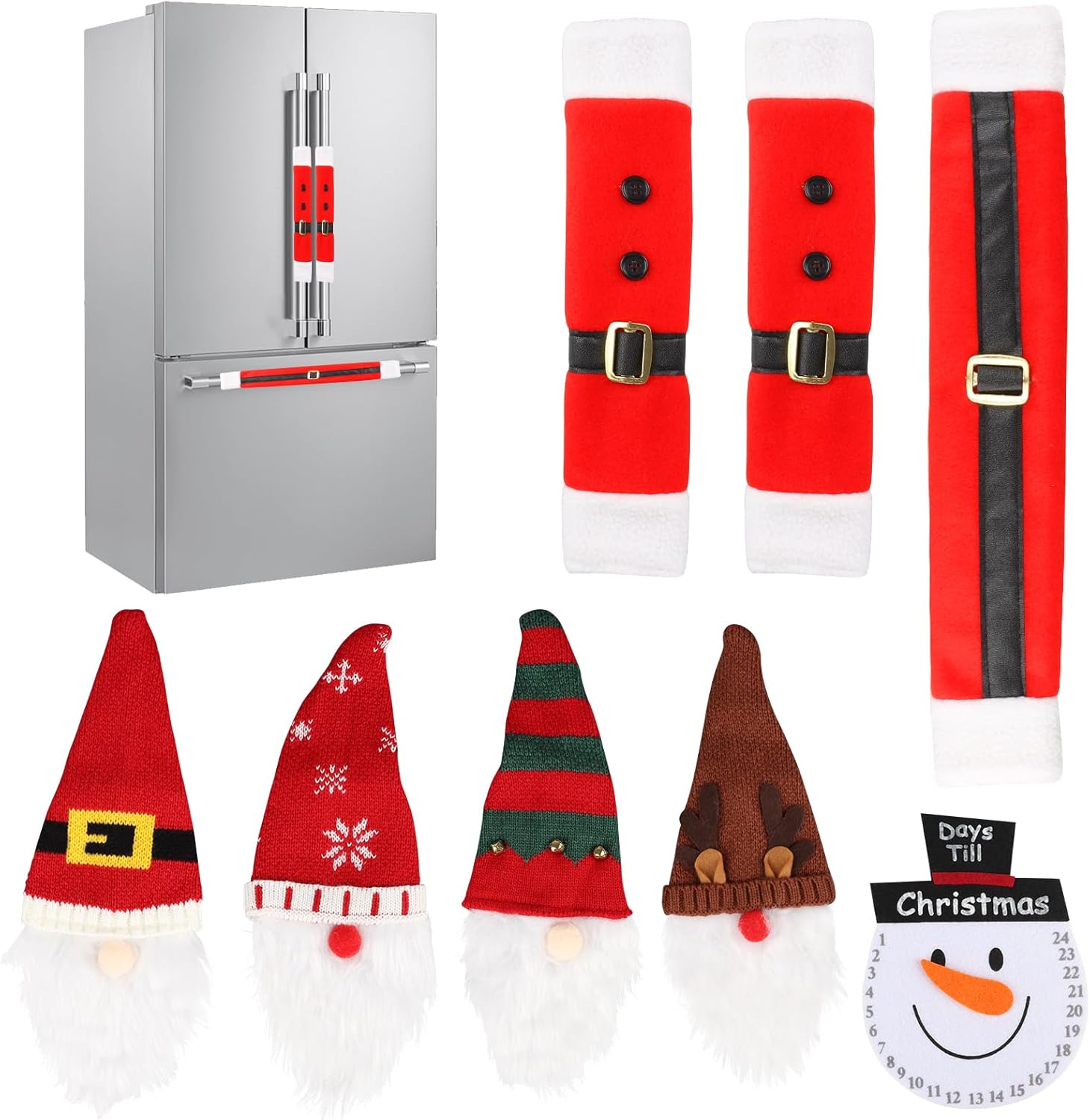 LOMIMOS 7 fundas navideñas para manija de puerta de refrigerador, protector de manija de cinturón de Papá Noel de Navidad con cuenta regresiva para