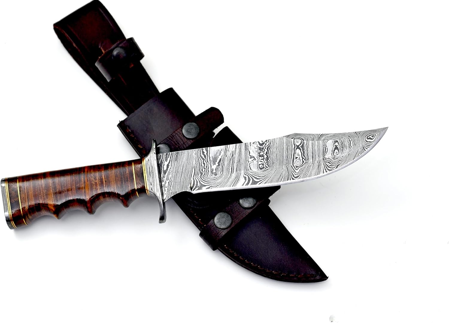 Cuchillo de caza de Damasco, cuchillo Bowie con mango de cuero apilado y funda de 12 pulgadas