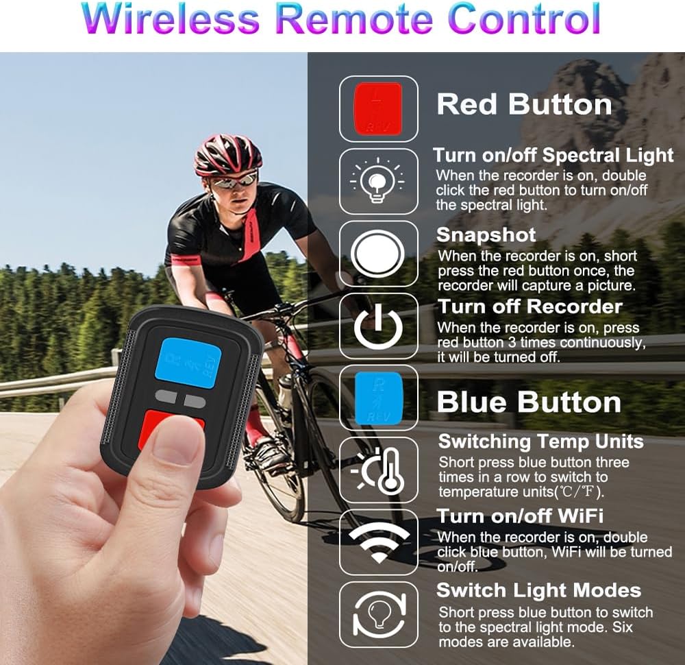 VSYSTO Cámara de bicicleta WiFi 2K con luz trasera de visualización de temperatura, visión nocturna súper gran angular de 170 SONYIMX335 lente