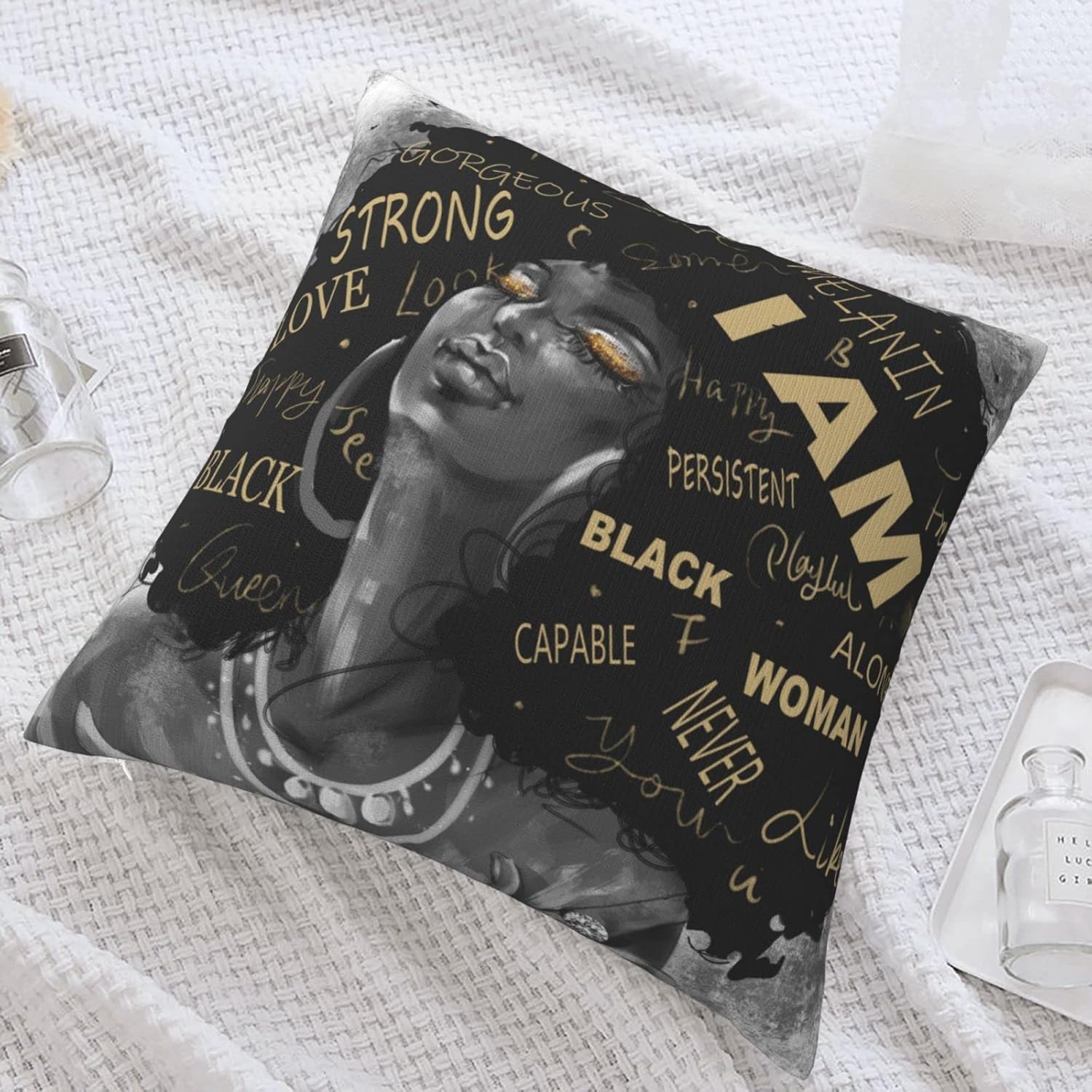 EKOFECK Funda de almohada negra para mujer, diseño de graffiti colorido Afro Black Woman con cremallera, funda de almohada cuadrada, decoración de