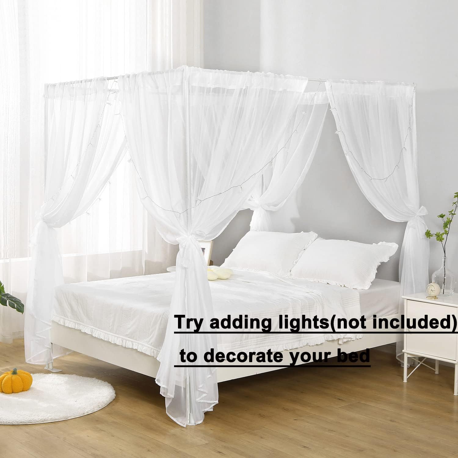 Cortina de cama blanca para cama individual, bufanda suave para niñas y adultos (individual, blanco)
