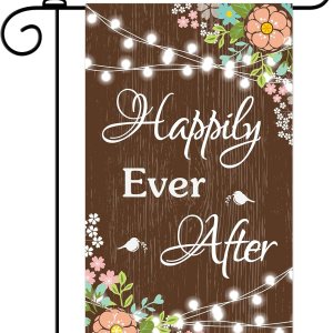 Mokonate Bandera de jardín con texto en inglés “Happily Ever After”, decoración de 12 x 20 pulgadas, doble cara para exteriores, novia, novio, boda, Mokonate Bandera de jardín con texto en inglés “Happily Ever After”, decoración de 12 x 20 pulgadas, doble cara para exteriores, novia, novio, boda,