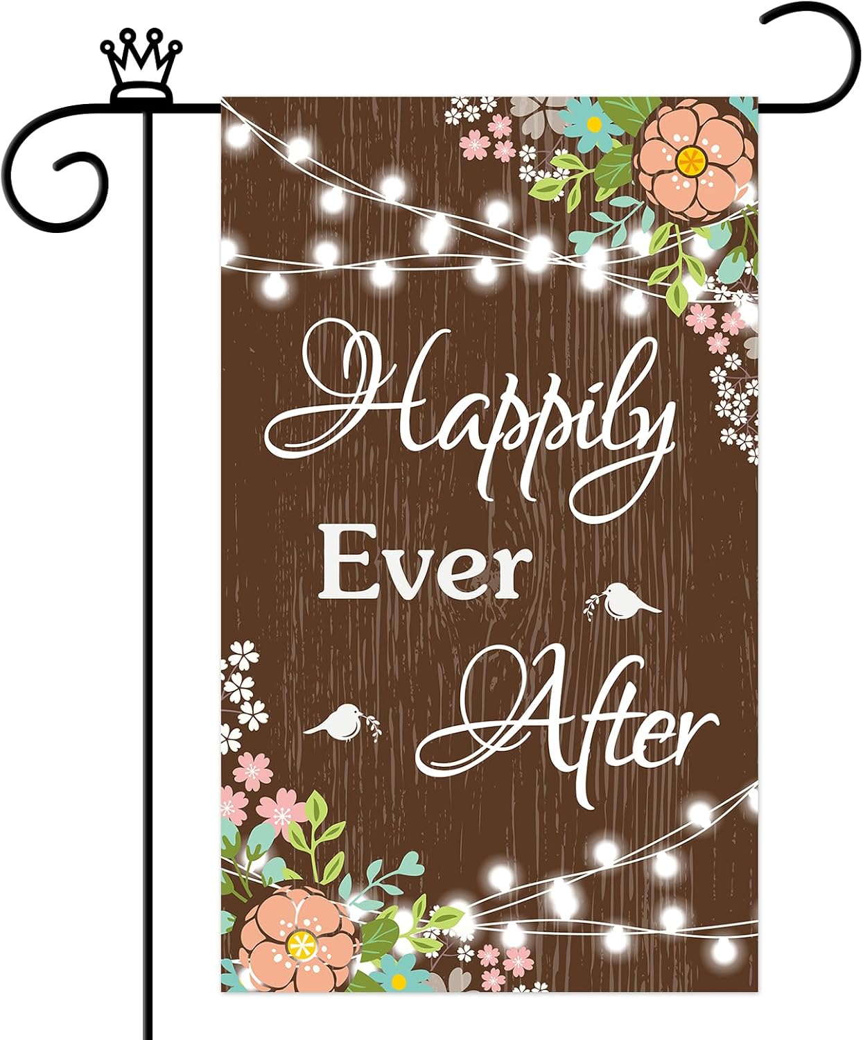 Mokonate Bandera de jardín con texto en inglés “Happily Ever After”, decoración de 12 x 20 pulgadas, doble cara para exteriores, novia, novio, boda,