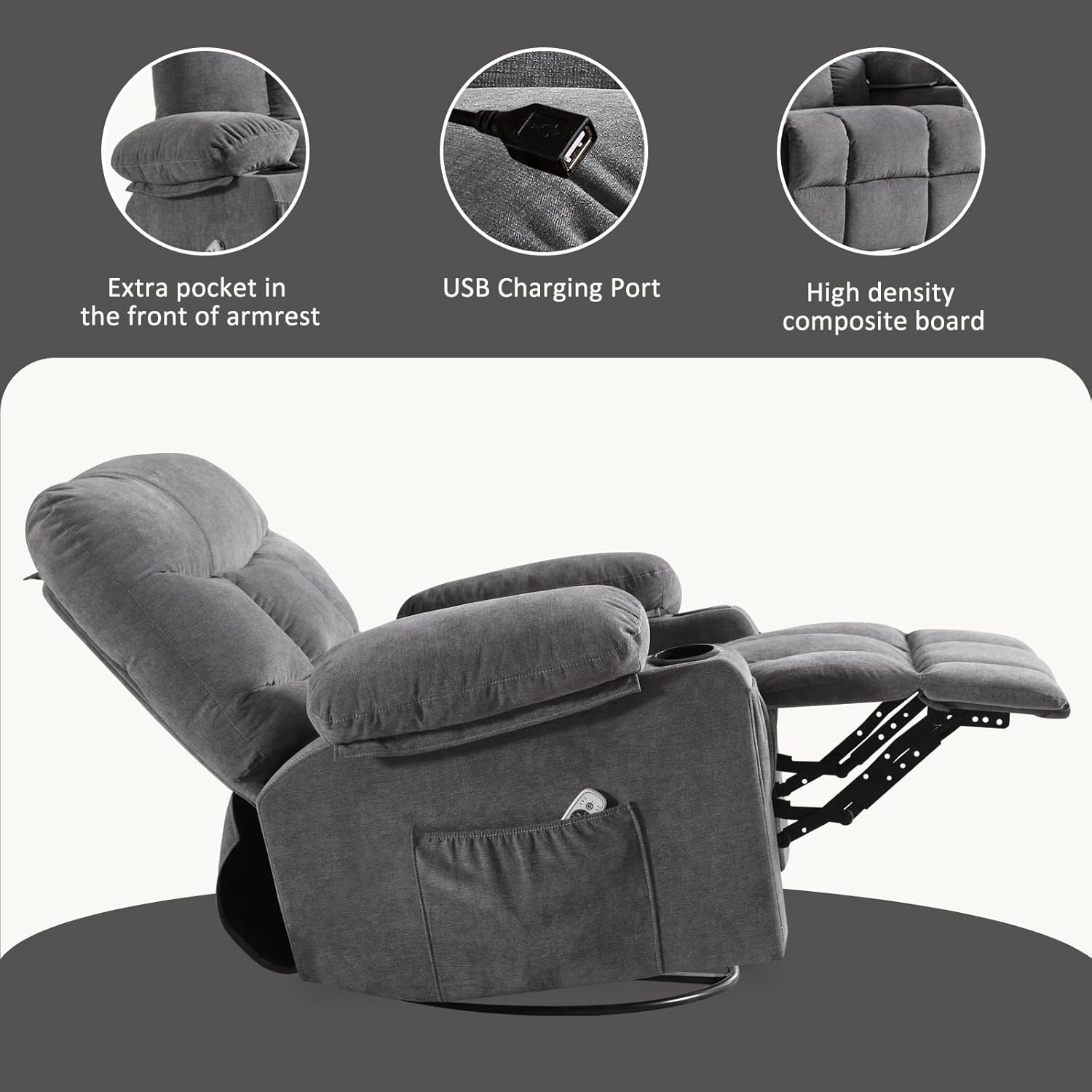 Rocker – Silla reclinable giratoria con masaje por vibración para sala de estar con función de balanceo y bolsillo lateral, 2 portavasos, puerto de