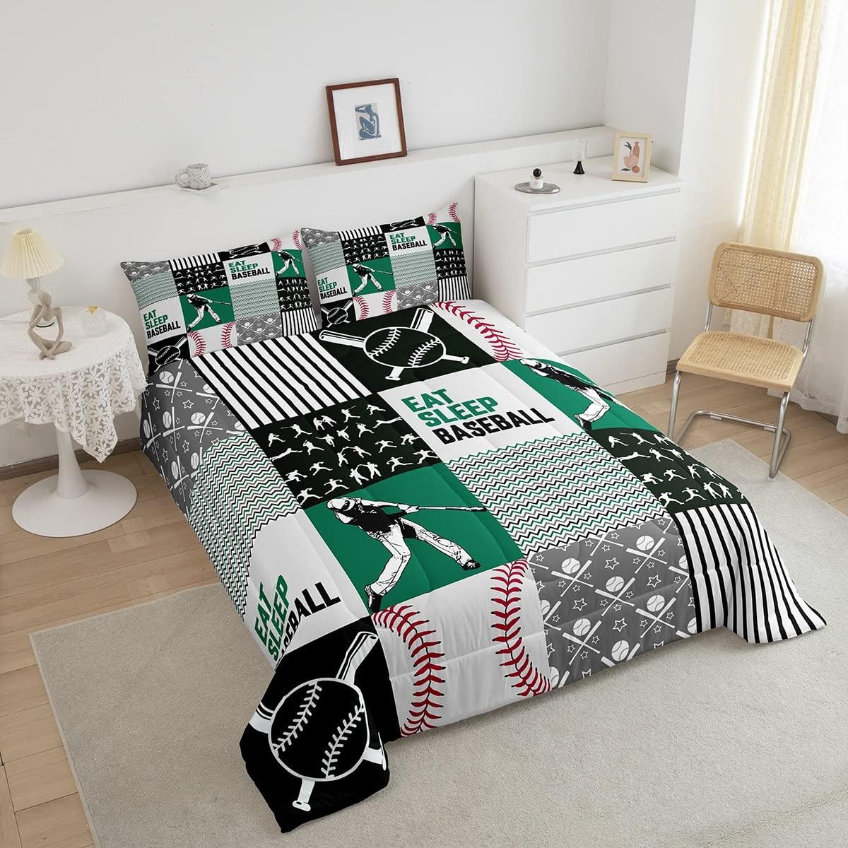Erosebridal Ropa de cama de béisbol tamaño matrimonial, juegos de edredón de jugador de béisbol para adolescentes y adultos, edredón de retazos de