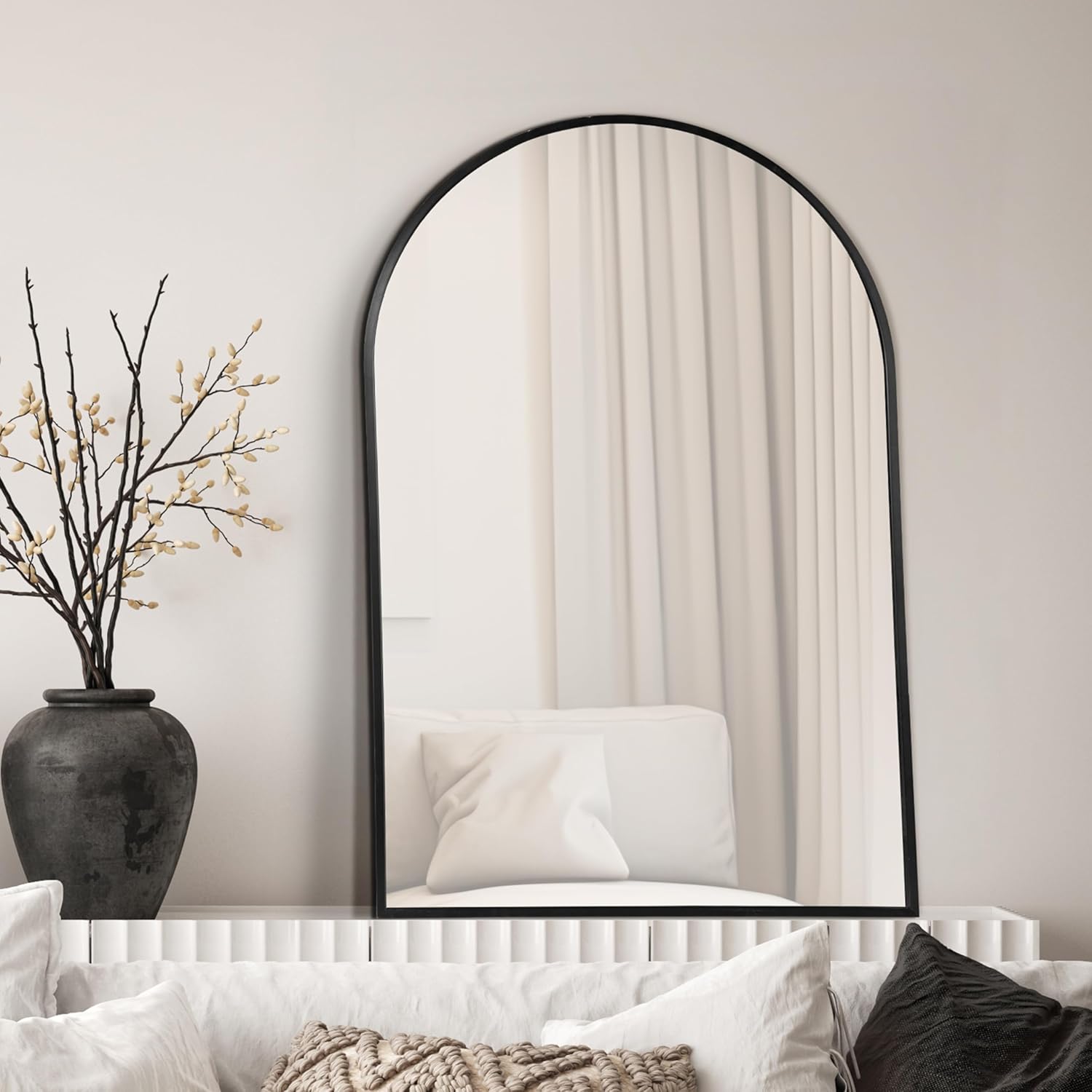 HOWOFURN Espejo de pared arqueado de 30 x 40 pulgadas, decoración de pared, con marco de metal para baño, dormitorio, entrada, espejo de pared
