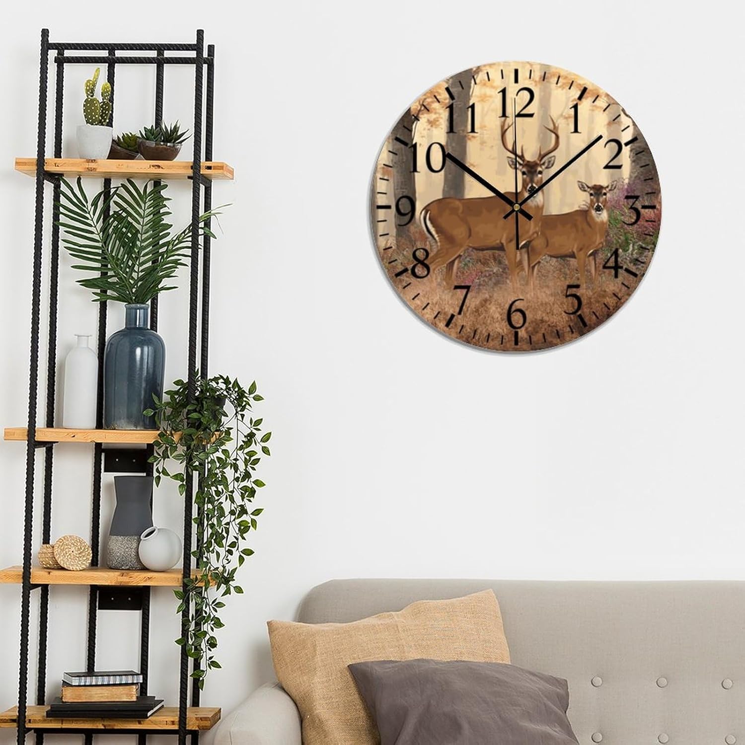 Reloj de pared para baño, reloj de pared redondo de PVC con ciervo, sin tictac, 10 x 10 pulgadas, decoración de cocina, regalo decorativo, funciona
