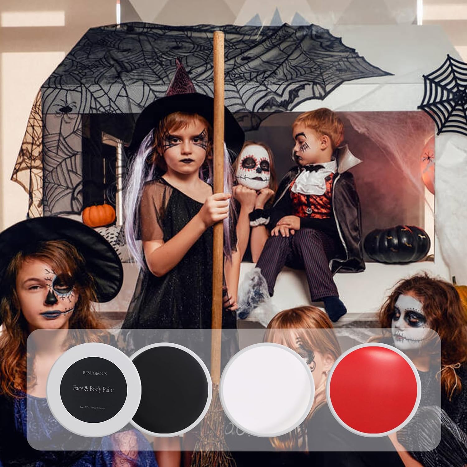 BESUGEOUS Kit de pintura corporal facial blanca, negra y roja, esqueleto profesional a base de óleo, zombi, bromista, payaso, vampiro, cráneo,