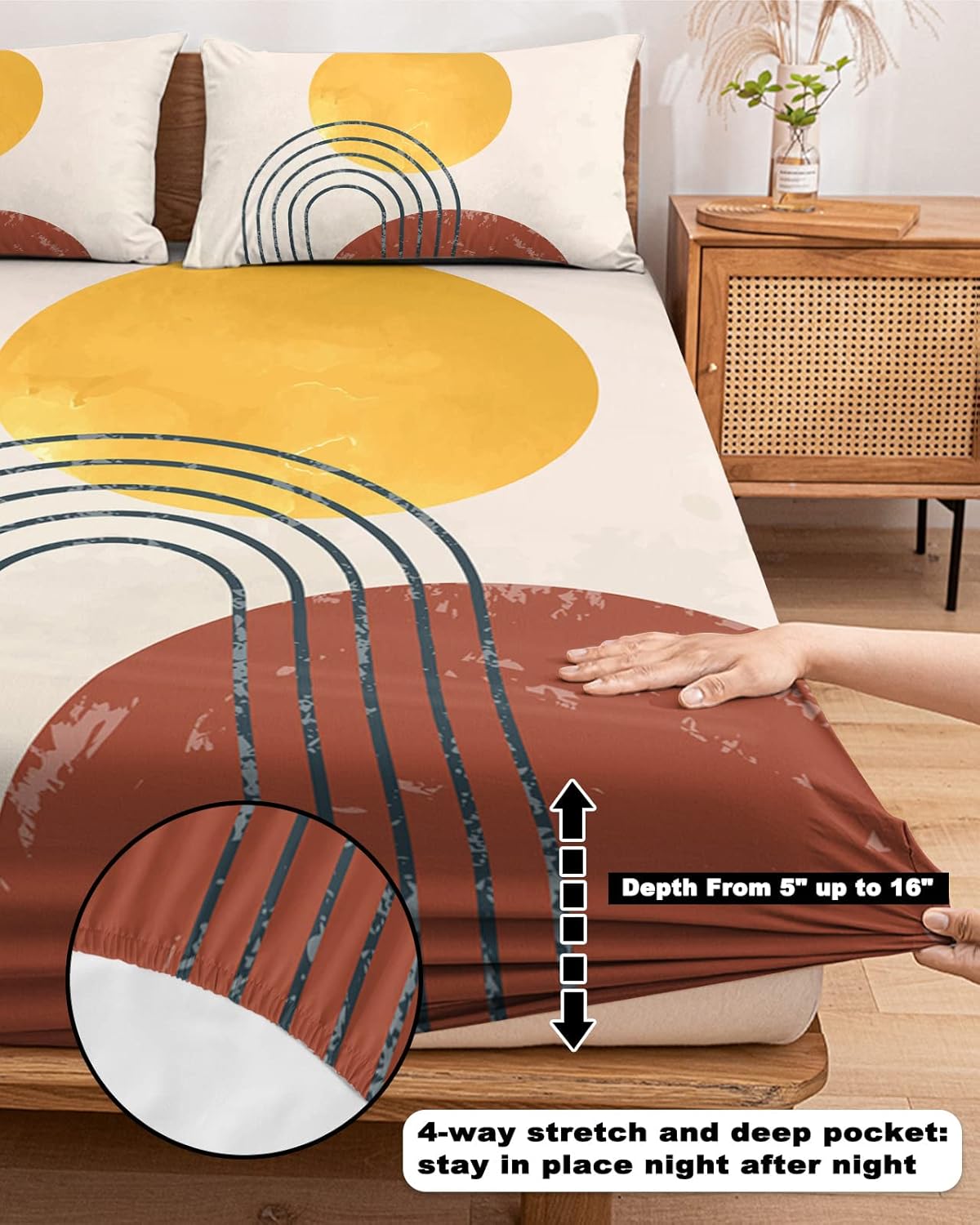 Juego de sábanas bajeras para cama de tamaño Queen, sábanas de mediados de siglo, 3 piezas, color terracota, con líneas curvas, arco solar, bolsillo