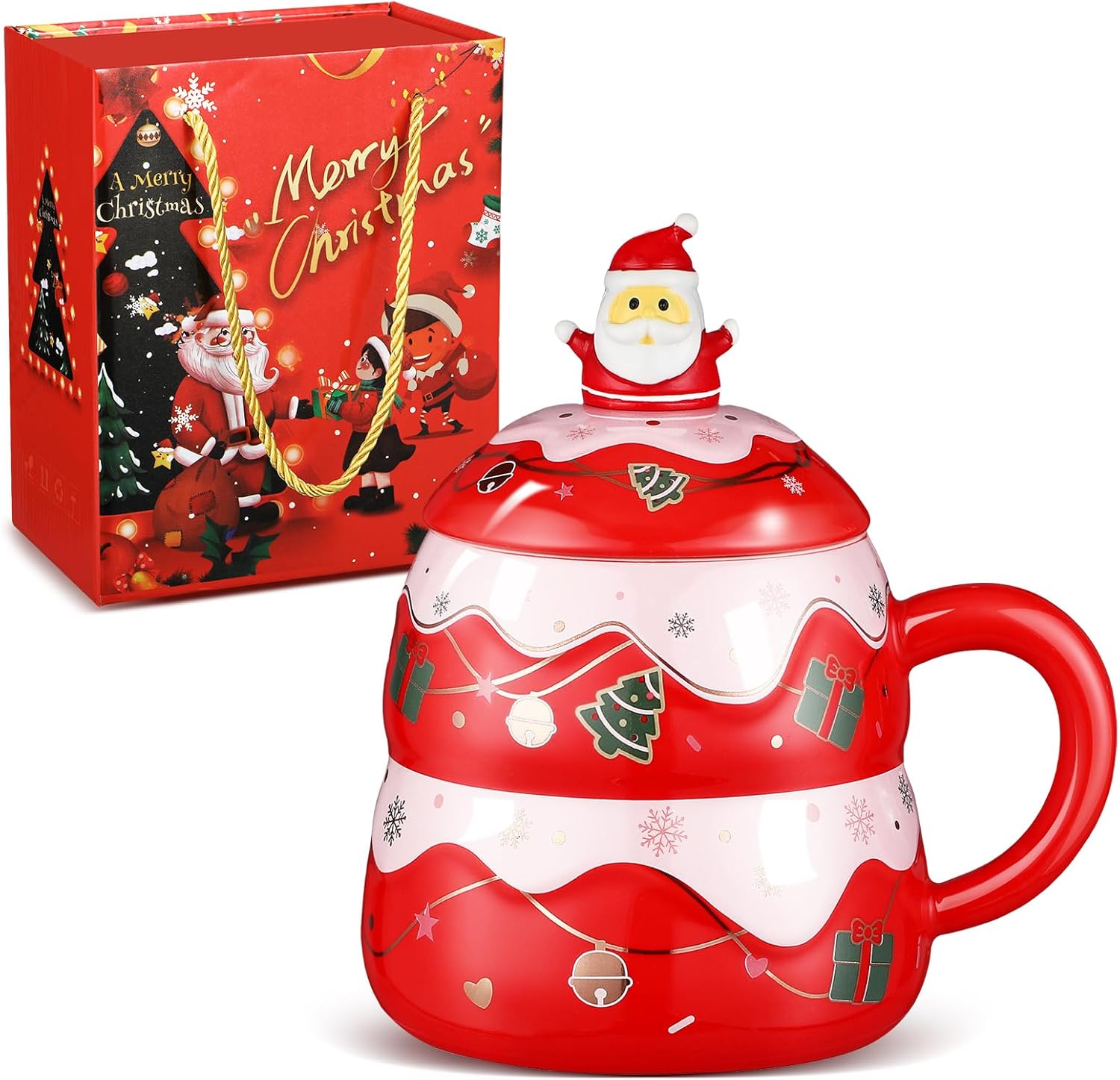 Tazas de Navidad con cuchara y tapa, tazas de cerámica festivas aptas para microondas y lavavajillas, taza de 15 onzas, taza de invierno novedosa