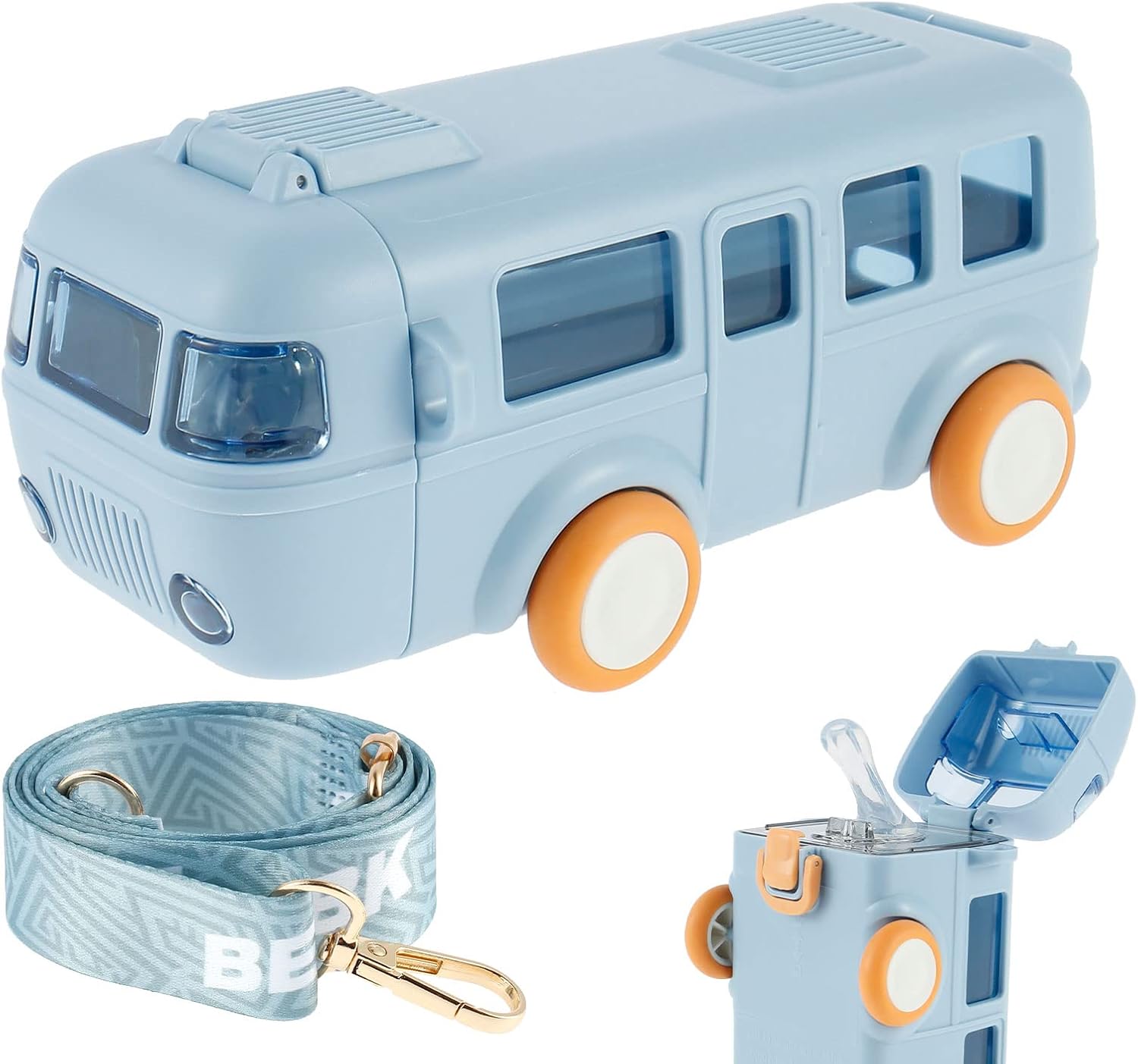 Taza de agua con popote para automóvil, botella de agua de 16 onzas con ruedas, taza de agua portátil en forma de autobús con correa para el hombro,