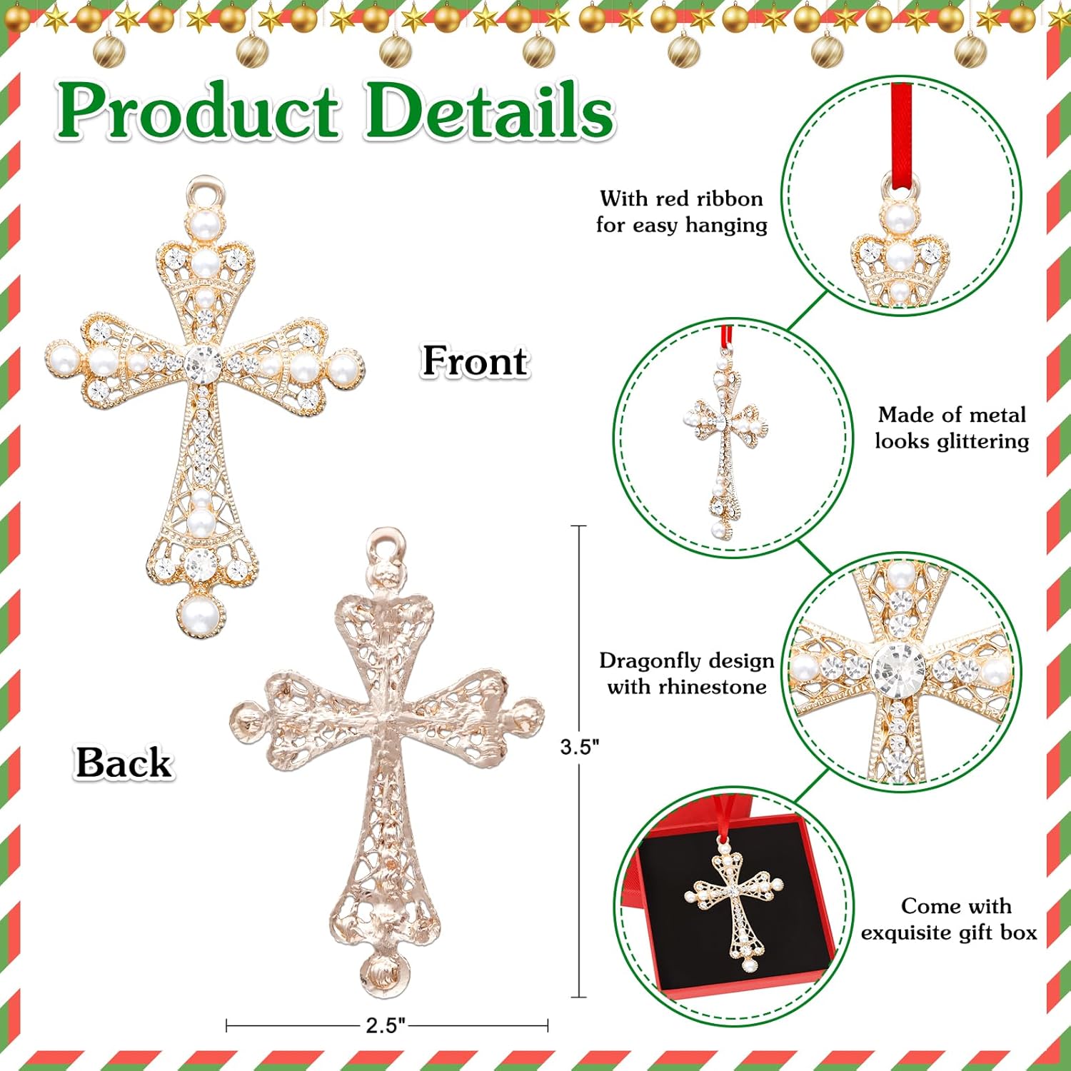 WhatSign Cruz de Navidad de metal, adornos de Navidad cristiana, adorno de cruz sagrada para árbol de Navidad, cruz religiosa, adorno de árbol de