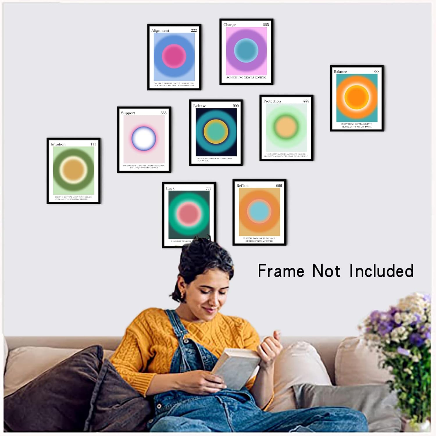 LIYAOLI Aura – Pósteres coloridos degradados para pared, 8 x 10 pulgadas, sin marco, juego de 9 carteles con números de ángel para decoración