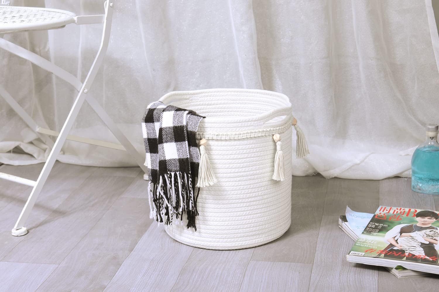 Cesta bohemia con bonita borla tejida de macramé, organizador de cuerda de algodón para decoración bohemia de habitaciones, decoración de