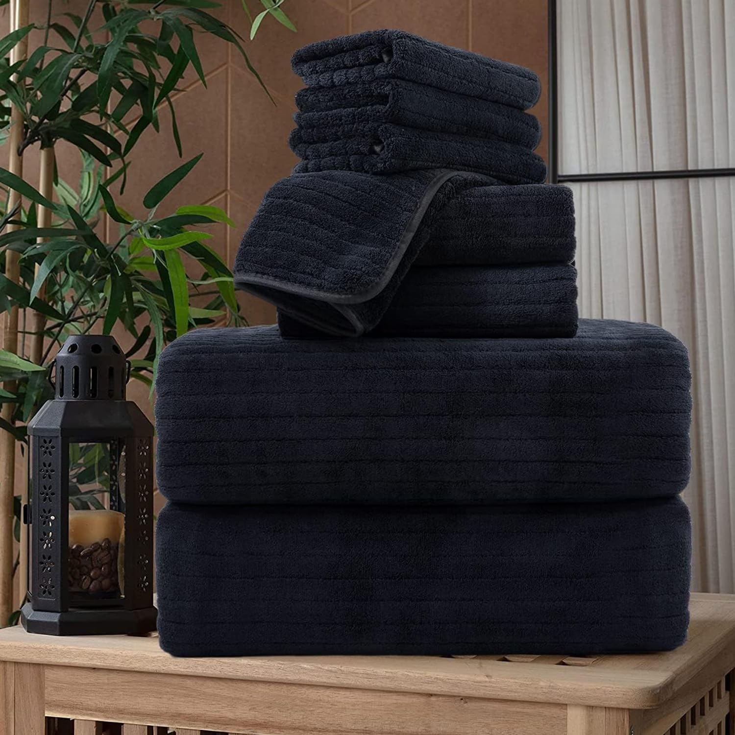 Juego de 8 toallas de baño grandes a rayas negras, 2 toallas de baño, 2 toallas de mano, 4 toallas pequeñas, toallas suaves, absorbentes, de secado