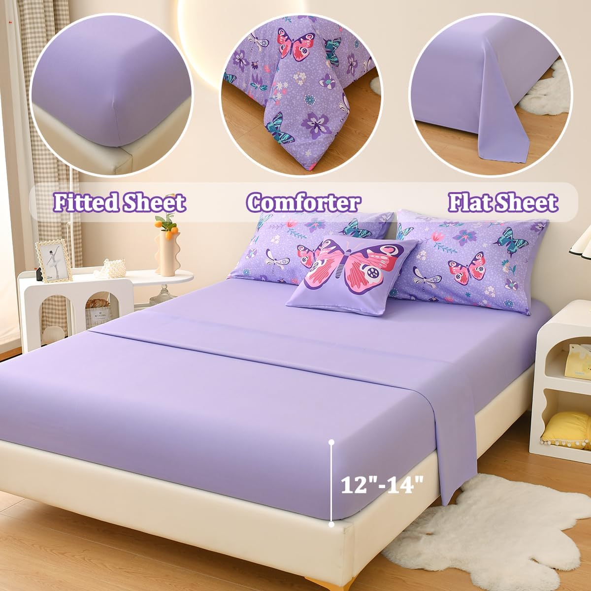 Tasselily Juego de ropa de cama de mariposa matrimonial, juego de edredón de mariposa púrpura para niñas, niños y adolescentes, 6 piezas de cama en