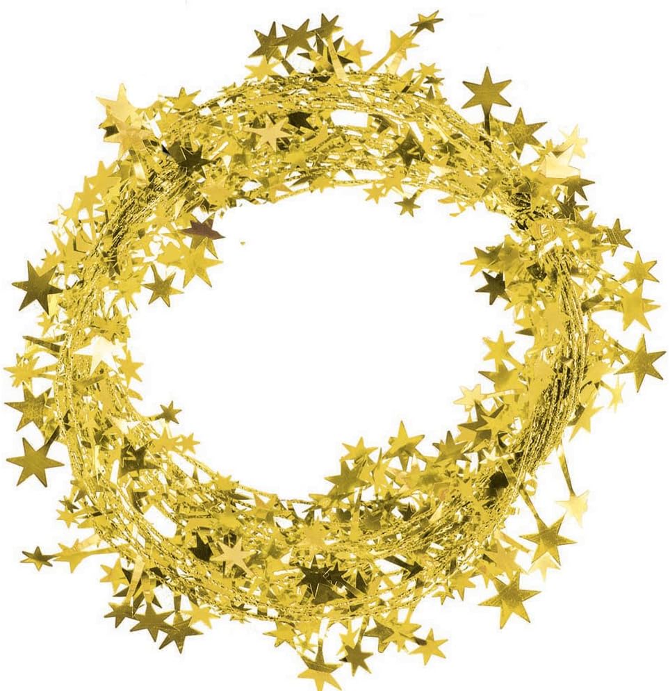FixFind – Guirnalda de oropel dorada con estrellas (25 pies de largo) – Elegante guirnalda de oropel metálica colgante para vacaciones y fiestas
