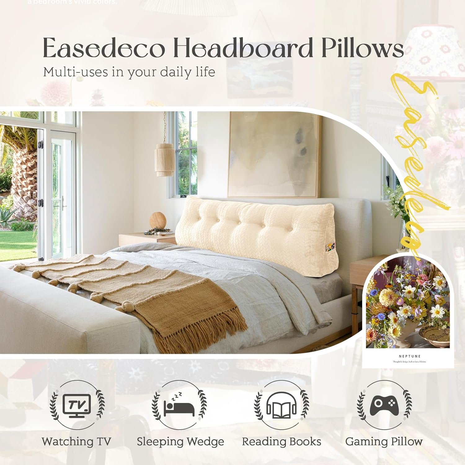 easedeco Almohada triangular grande para cabecero de cuña, cojín grande para cabecero de espalda, respaldo y posicionamiento, almohada de lectura