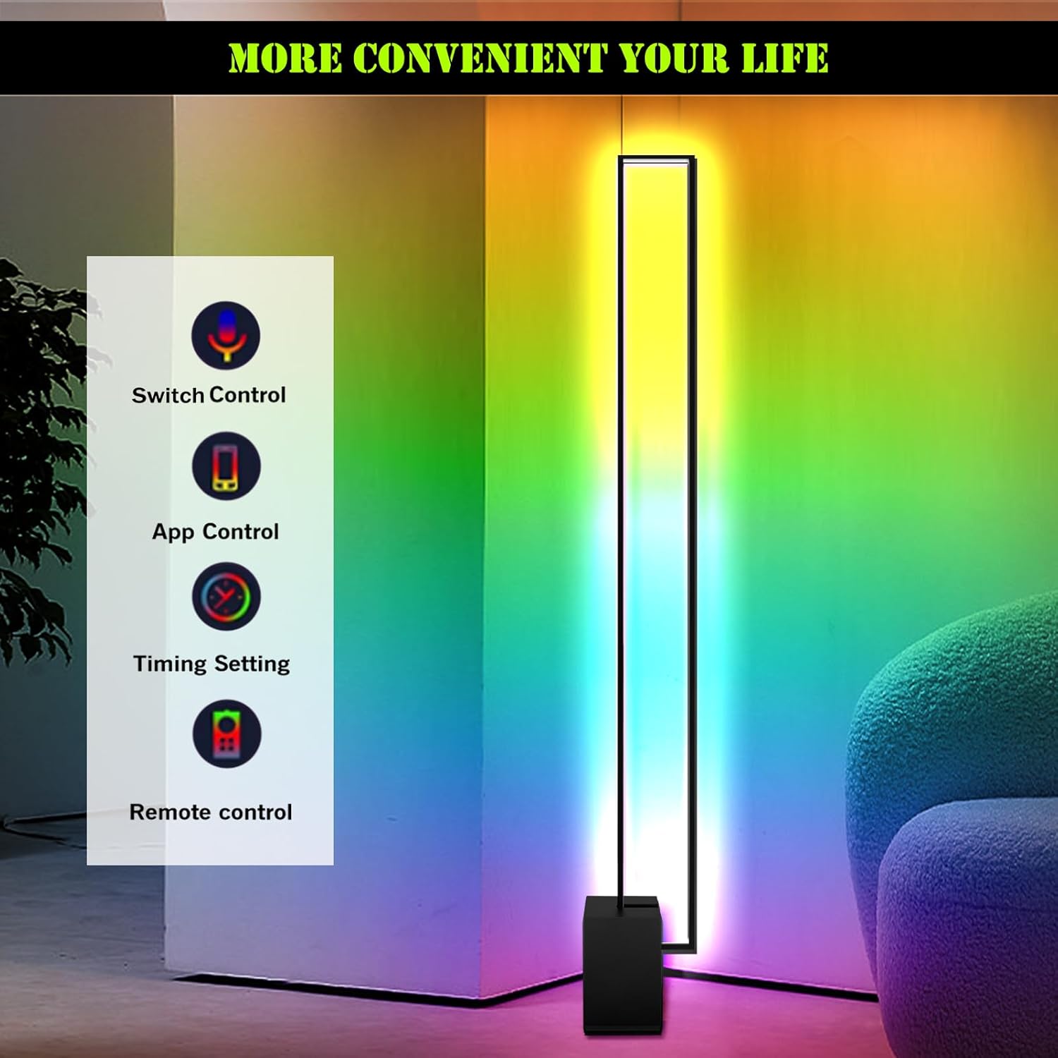 Lámpara de pie de 48 pulgadas, lámpara de pie de esquina RGB de 24 W, luces LED de pie regulables con control remoto y aplicación de colores,