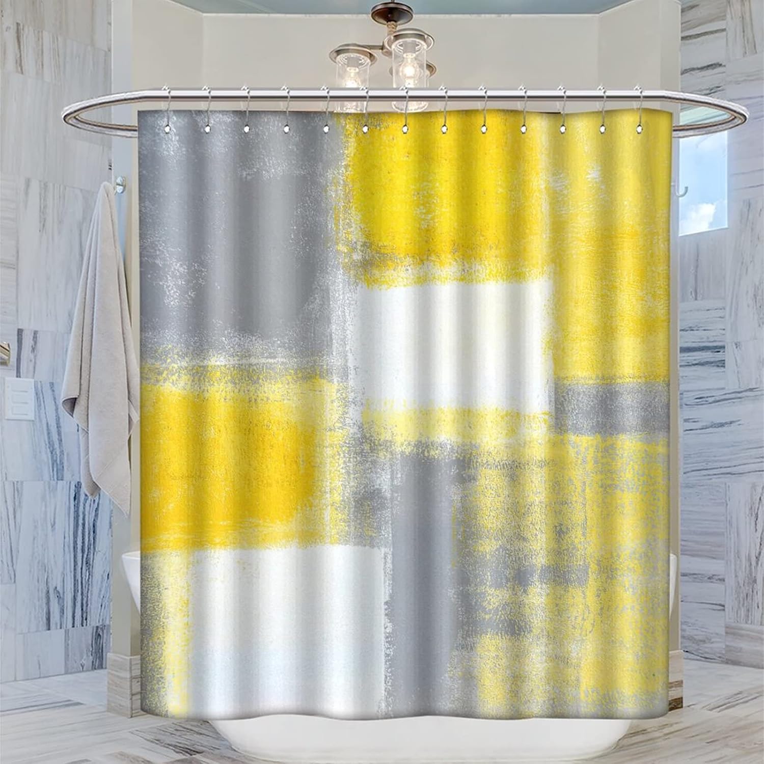 Cortinas de ducha con pintura de arte abstracto, cortinas de ducha con estampado 3D de acuarela gris y amarillo, juego de cortinas de baño con 12
