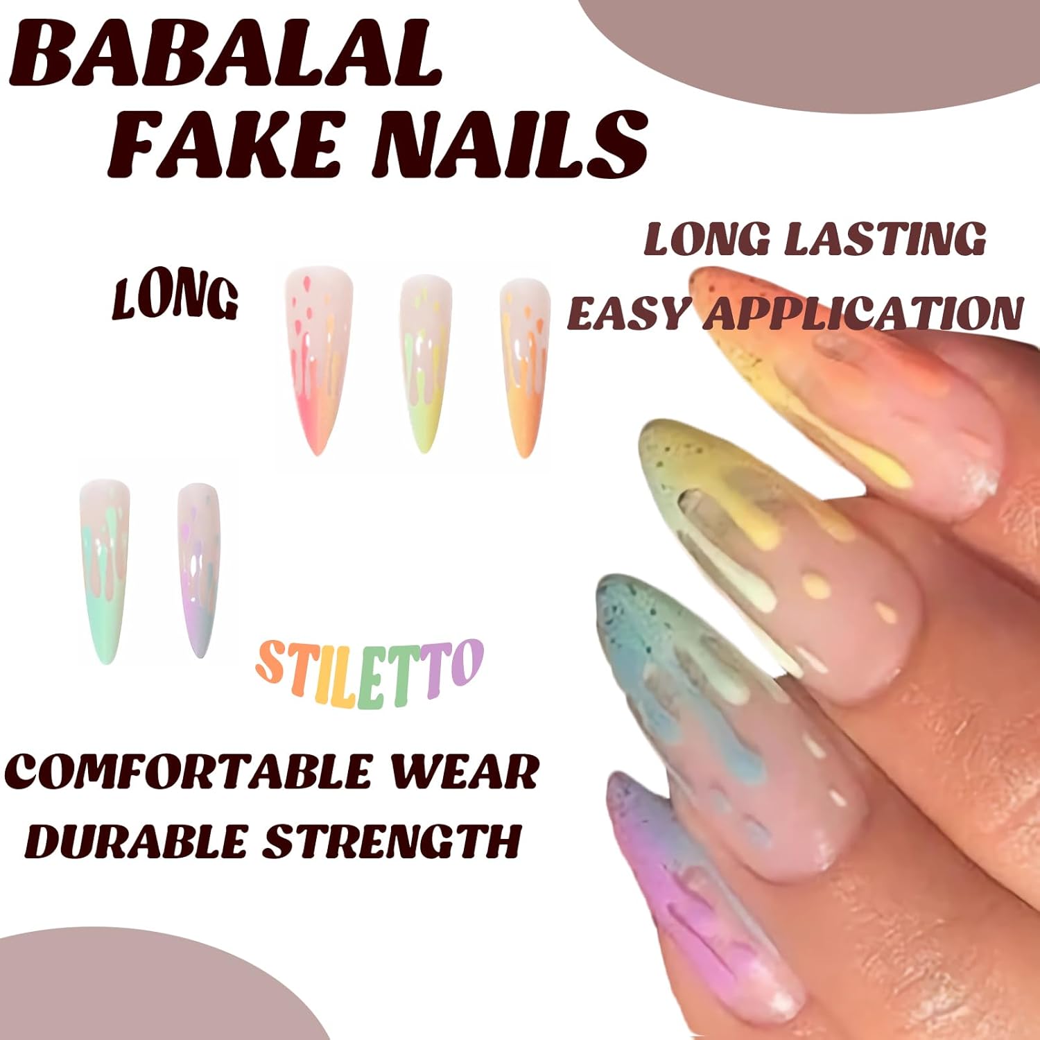BABALAL Uñas postizas a presión con forma de almendra, 24 piezas de punta francesa larga, diseño de helado arcoíris, uñas acrílicas para mujeres y