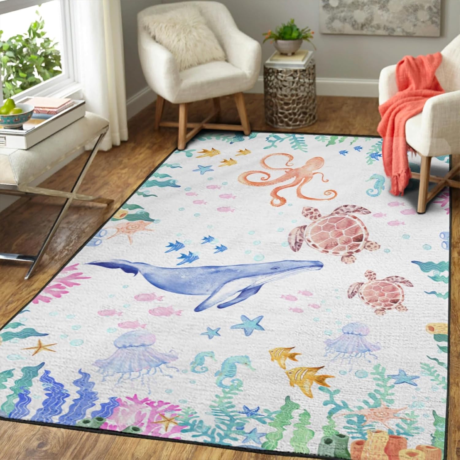 Alfombra colorida del mundo marino con animales marinos, ballenas, tortugas, medusas, corales, malas hierbas, alfombras de área para niños,