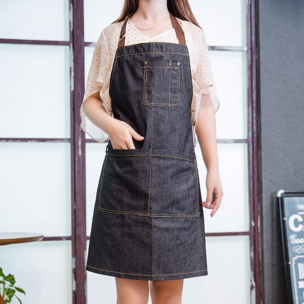 Delantal de mezclilla unisex ajustable con múltiples bolsillos para chef cocina, barbacoa y estudio
