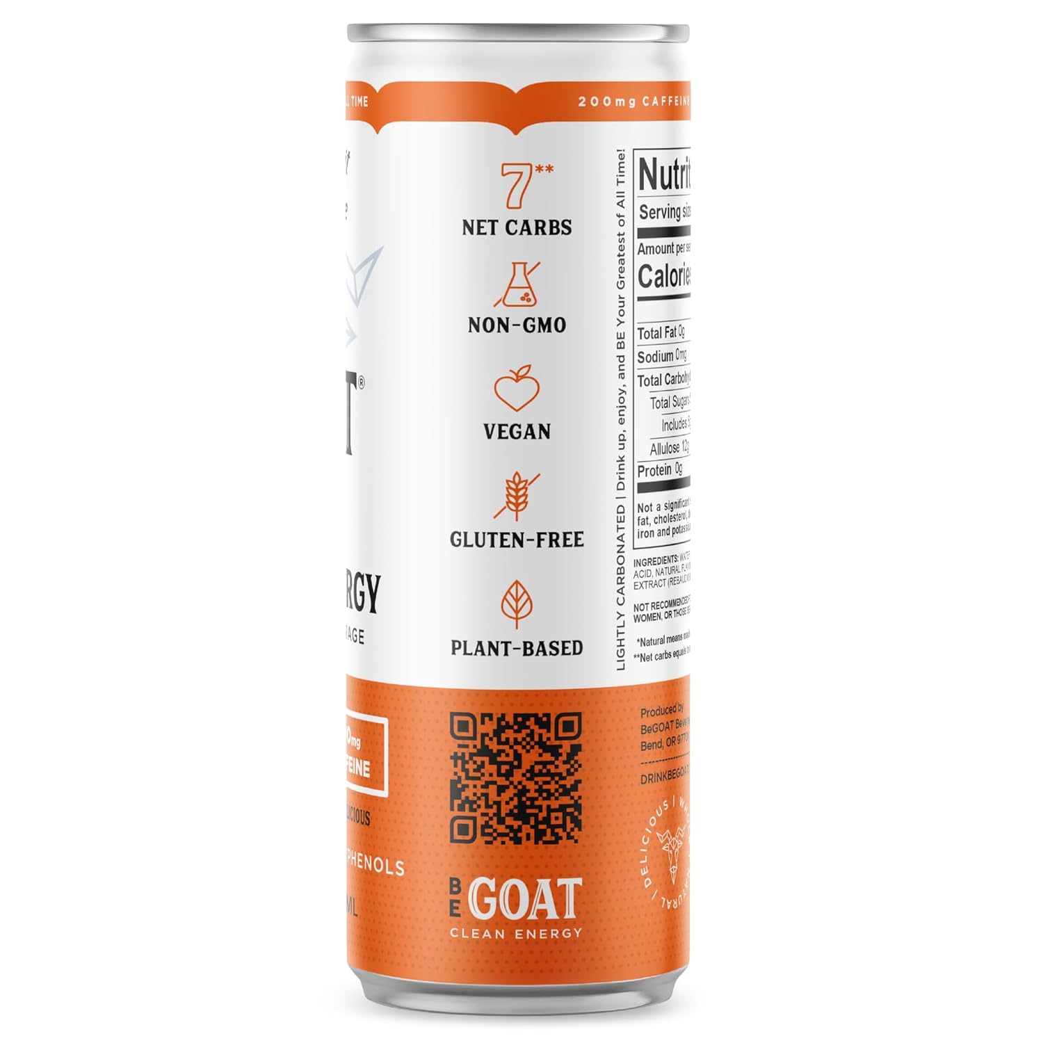Clean Energy Drink  Sin OMG, vegana, sin gluten, a base de plantas con 200 mg de cafeína, 25 calorías y 7 carbohidratos netos  Cafeína natural de