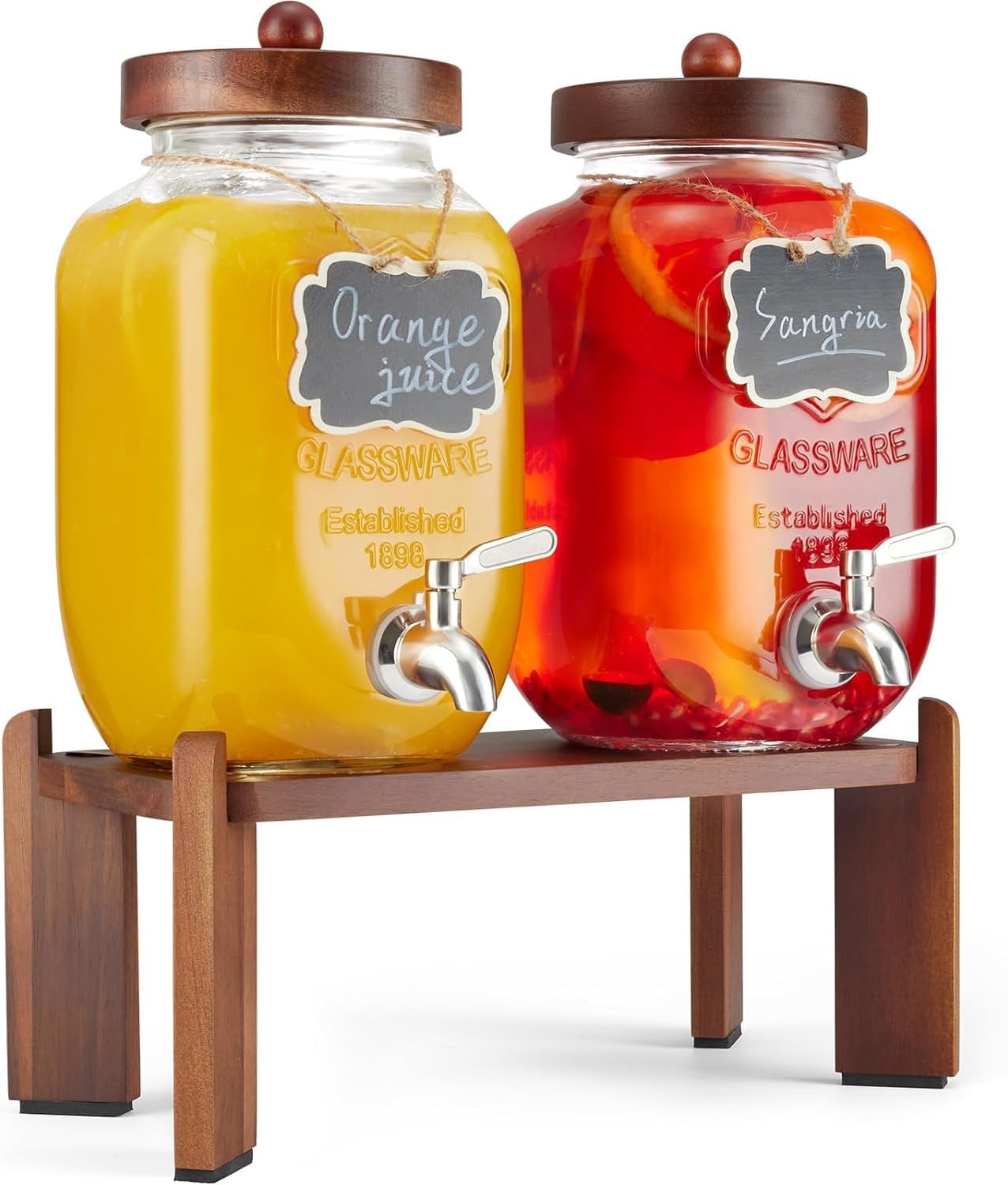 Dispensador de bebidas de vidrio con soporte de madera, dispensador de bebidas de 1 galón para fiestas con espiga de acero inoxidable 188 a prueba