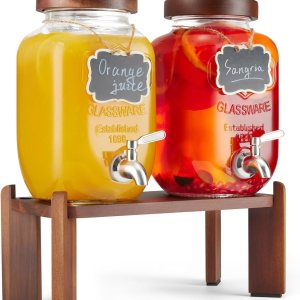 Dispensador de bebidas de vidrio con soporte de madera, dispensador de bebidas de 1 galón para fiestas con espiga de acero inoxidable 188 a prueba Dispensador de bebidas de vidrio con soporte de madera, dispensador de bebidas de 1 galón para fiestas con espiga de acero inoxidable 188 a prueba