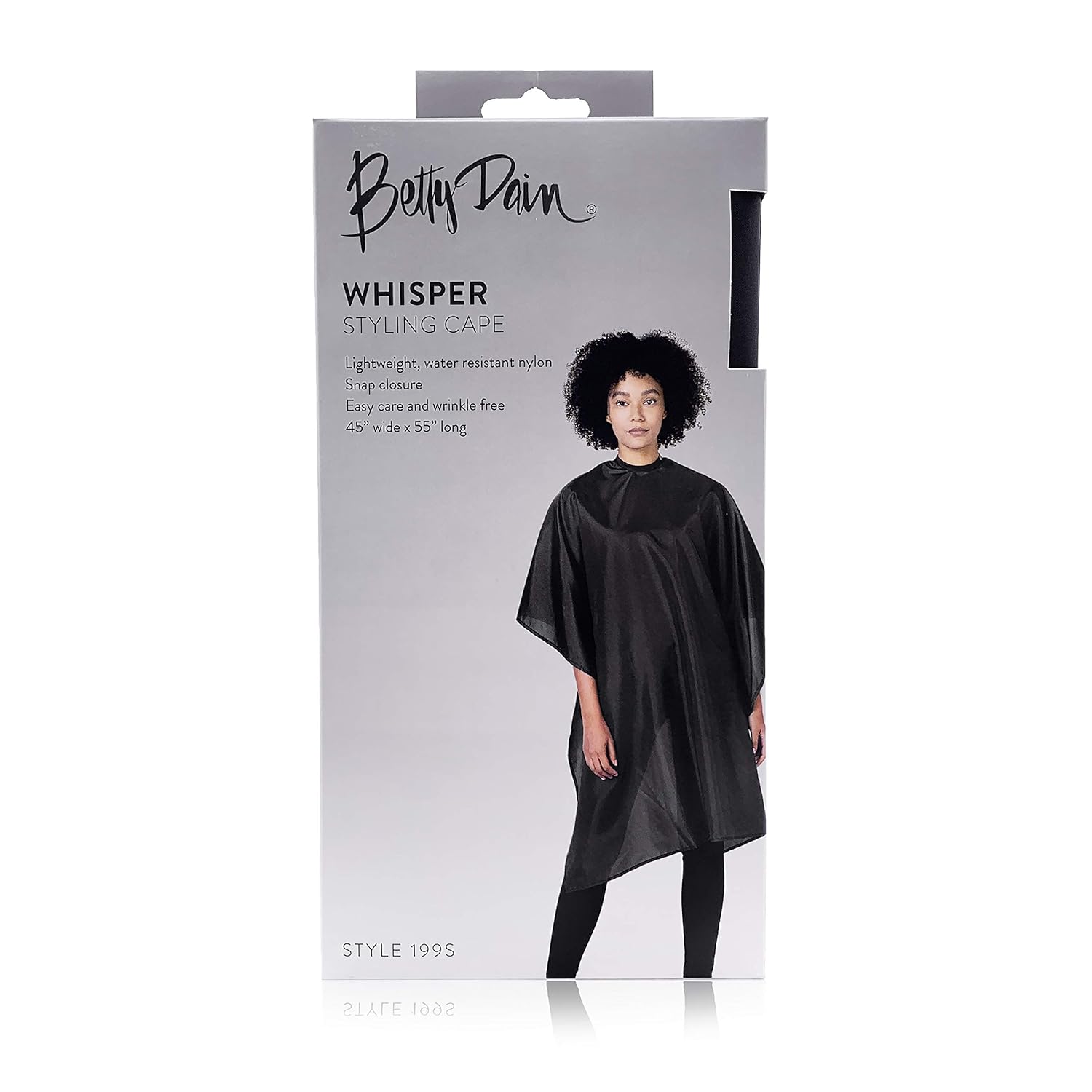 Betty Dain Whisper Styling Cape, tela ligera, nailon resistente al agua, cierre a presión, fácil cuidado, sin arrugas, negro, 45 pulgadas de ancho x