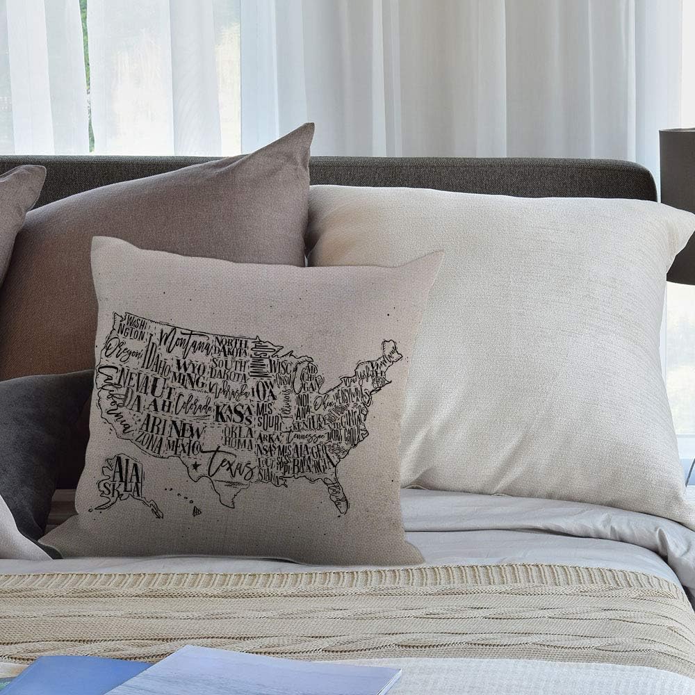 HGOD DESIGNS Fundas de almohada con mapa, diseño vintage de Estados Unidos con inscripción de Estados Unidos, funda de cojín cuadrada de lino y
