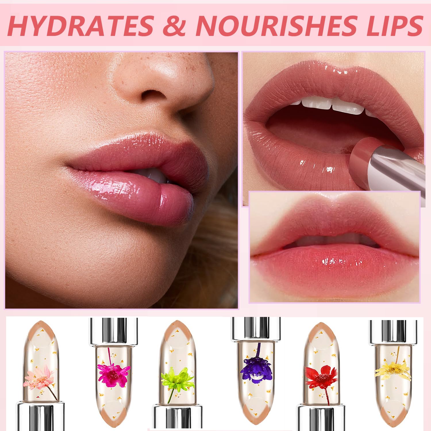 2 lápices labiales de gelatina de flores de cristal, brillo labial mágico que cambia de color, bálsamo labial hidratante nutritivo de larga