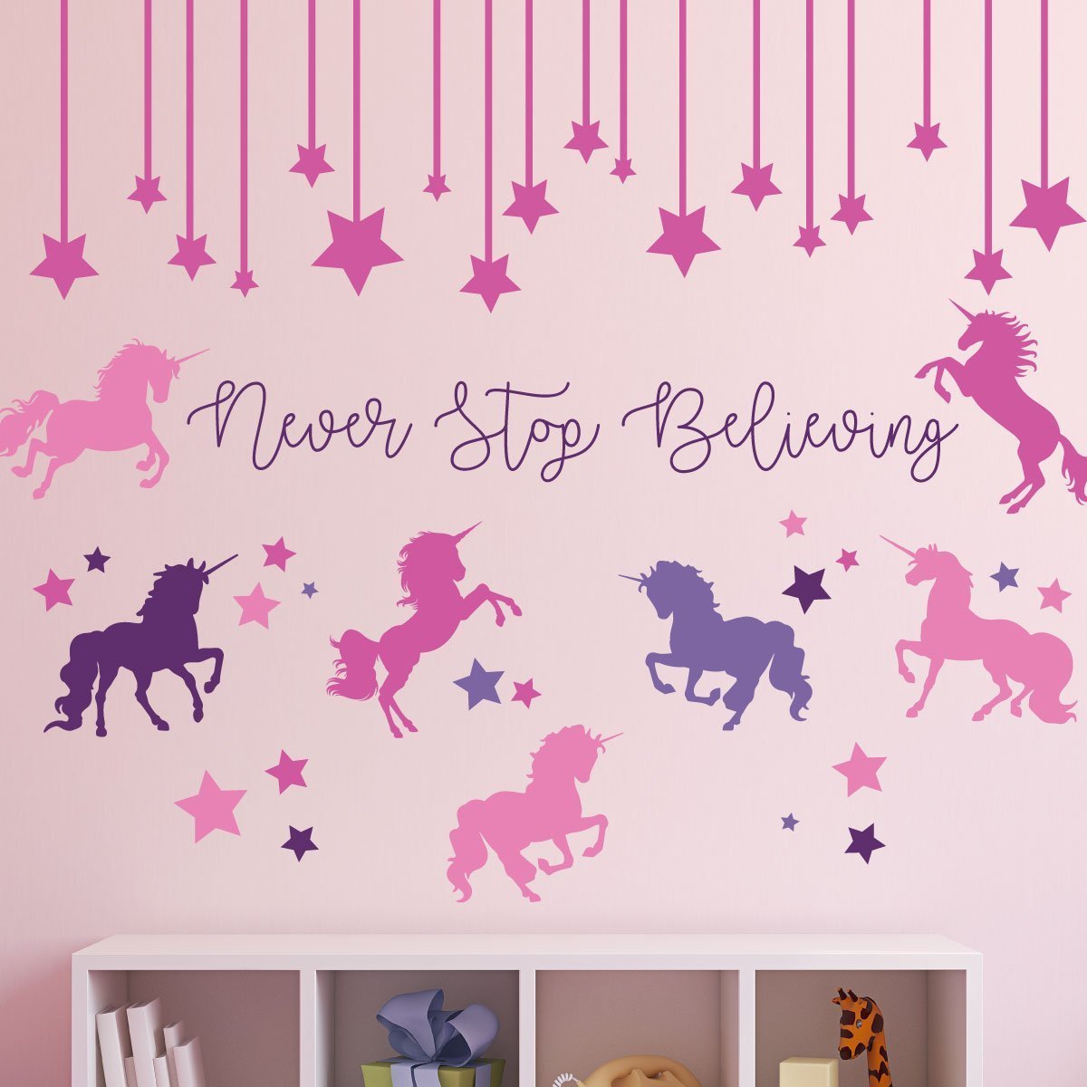 Unicorn Stickers for Kids Room – Never Stop Believing Magical Themed Wall Decor – Vinyl Mural for Girls or Boys Bedroom, Baby Nursery, or Playroom