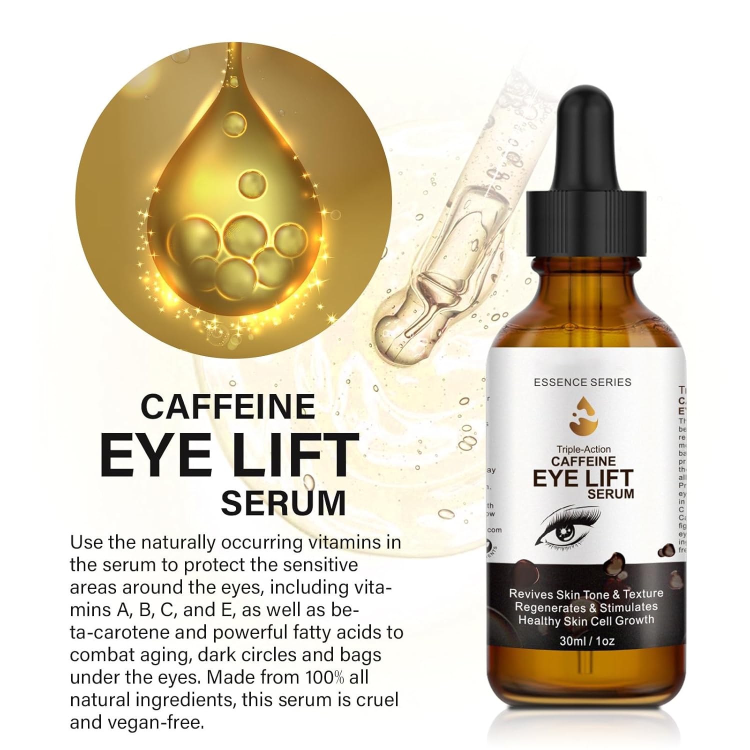 Suero de ojos con cafeína, antienvejecimiento para ojos y cara, suero de cafeína para levantar los ojos, reduce la hinchazón, las ojeras, las bolsas