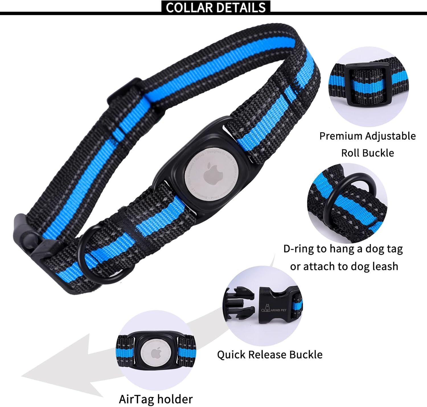 ARING PET Collar para perro Airtag, collar reflectante azul elegante, collar de perro de nailon ajustable ligero con soporte para Airtag