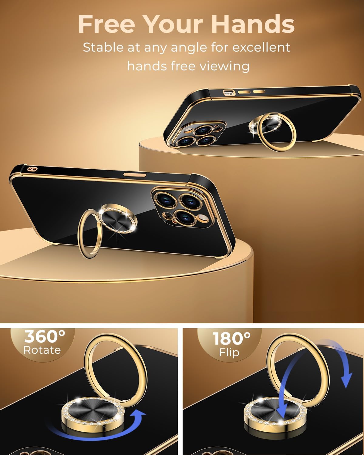 Miss Arts Funda para iPhone 13 Pro Max, funda con soporte de anillo de lujo galvanizado con correa de cordón, bonita funda de TPU suave para iPhone
