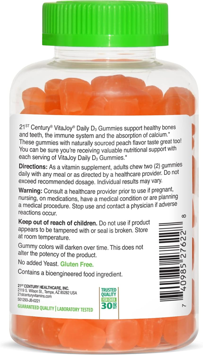 21st Century VitaJoy Daily Vitamina D3 50 mcg (2,000 UI) Gomitas, melocotón, 120 unidades