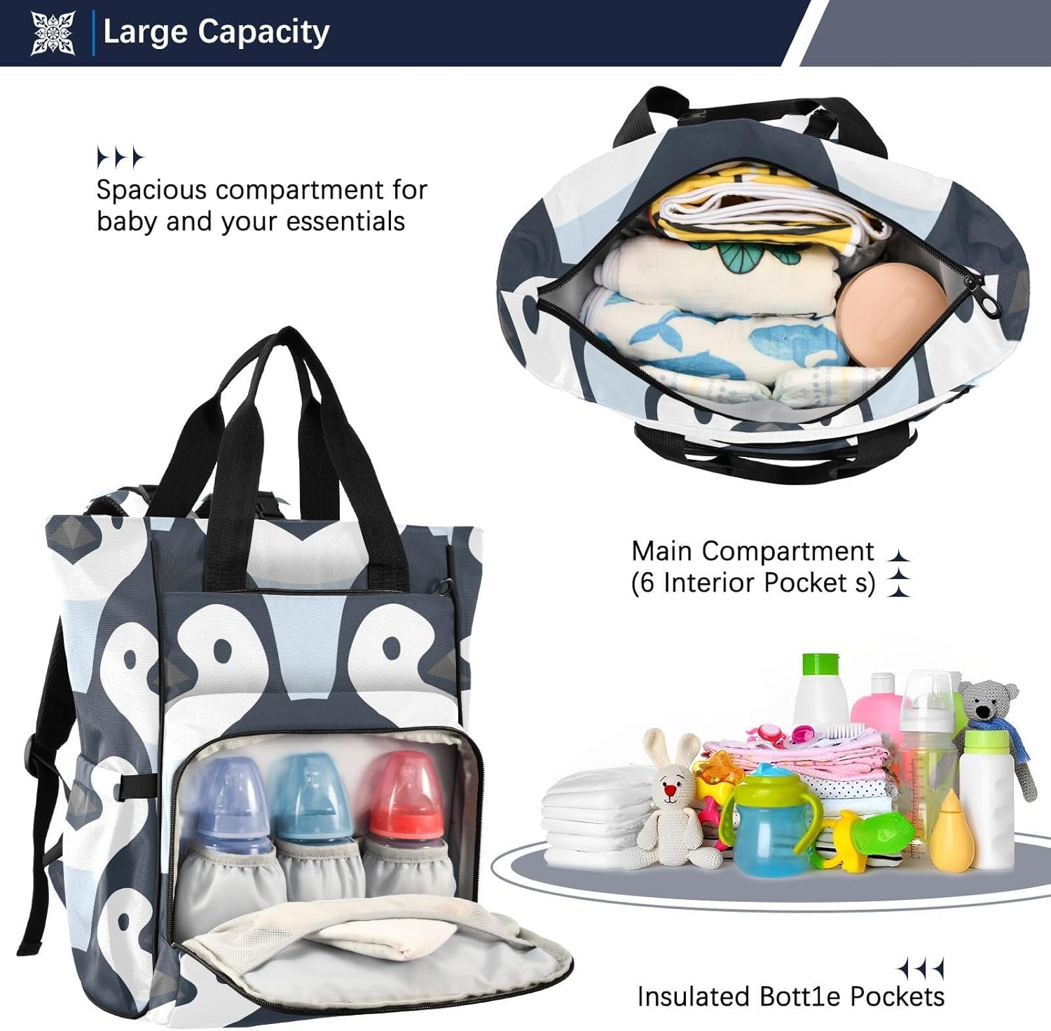 Mochila de pañales de pingüino de dibujos animados para bebés, niños y niñas, multifunción para bebés, bolsa de viaje con correas para cochecito y