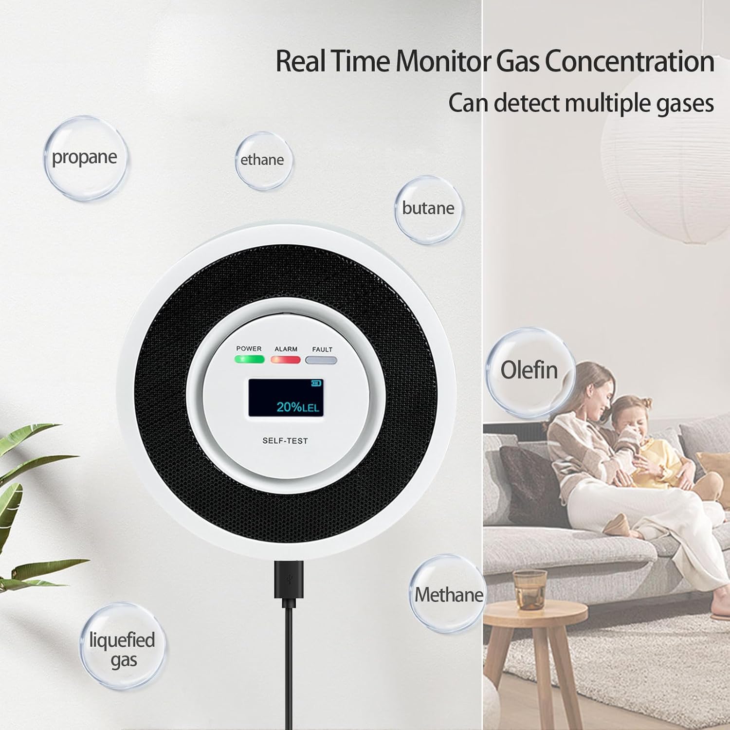 Detector de gas natural, alarma de fugas de gas, detector de propano, monitor de gas con aviso de voz, advertencia de luz estroboscópica, pantalla