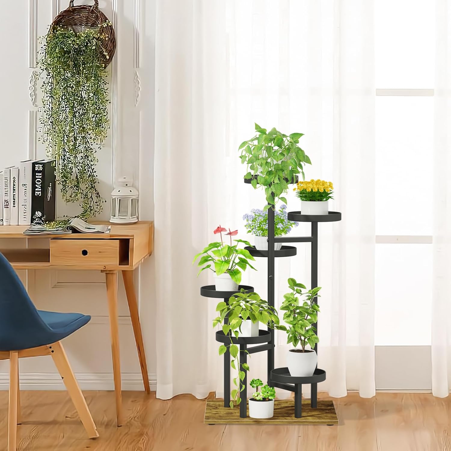 Soporte alto para plantas de 6 niveles para interiores, soporte de esquina de metal para múltiples plantas, estante de madera escalonado para