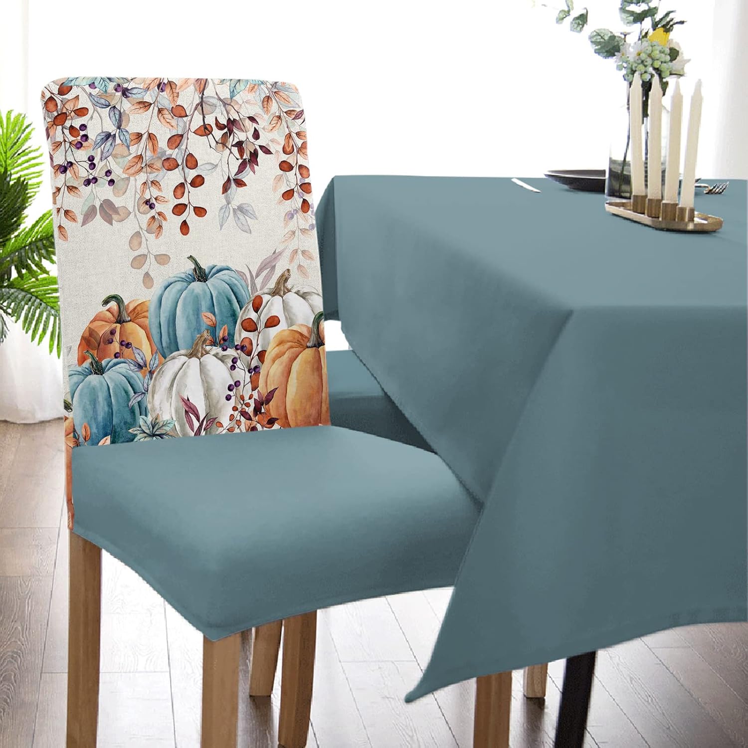 Juego de 6 fundas para silla, diseño retro otoñal, naranja, blanco, azul, cosecha, hojas de calabaza, fundas elásticas extraíbles para sillas Parson
